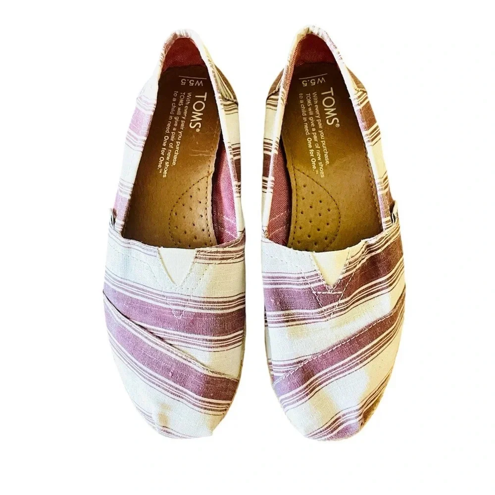 TOMS Alpargata espadrille slip-on canvas flats loafers 5.5 beige burgundy stripe